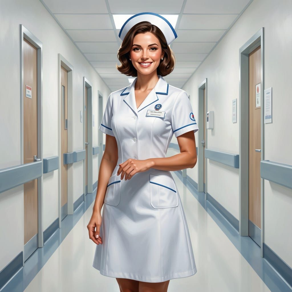 Alluring Nurse in Sterile Hospital Corridor