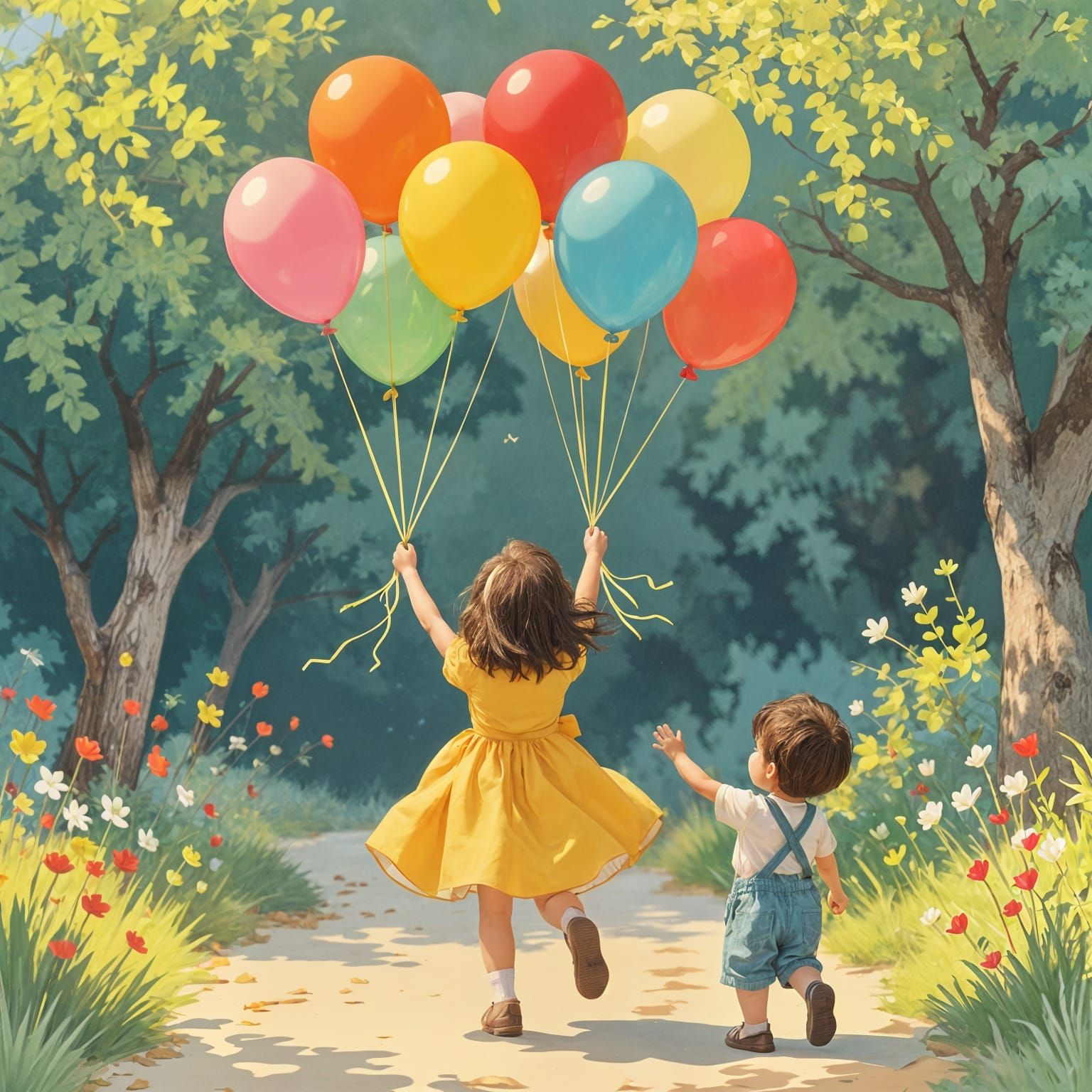Girl Floats Away with Balloons, Brother Clings On