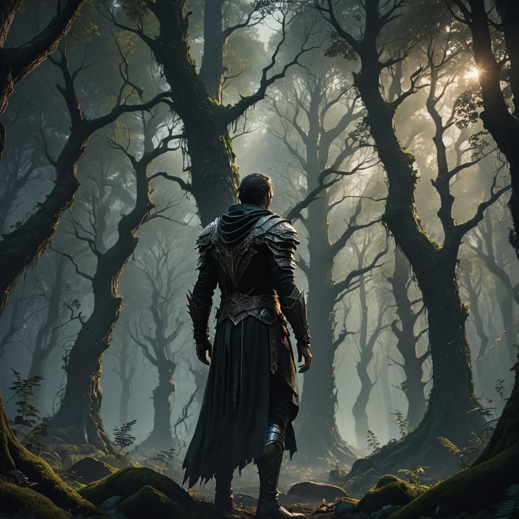 Figure Gazing into Dark Forest: Fantasy Concept Art
