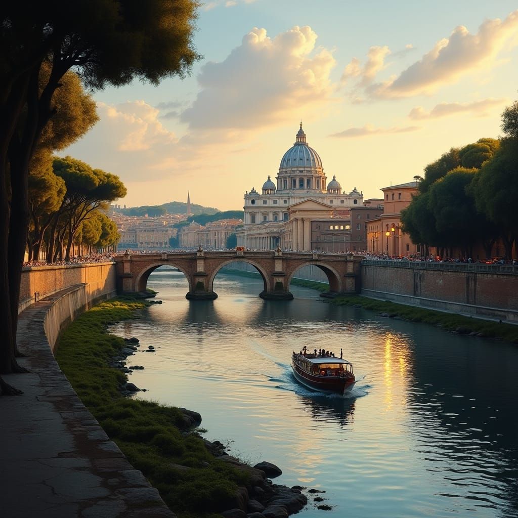Twilight Over Rome: Tiber River and Basilica