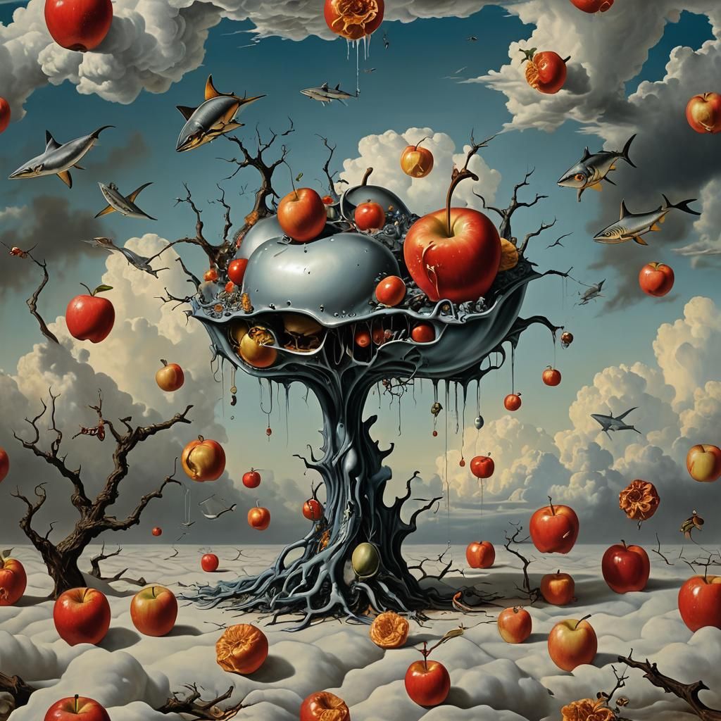 Surrealist Still Life with Apples, Hand, and Fish