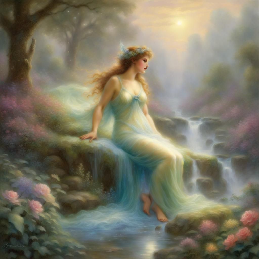 Ethereal Goddess Nymph in Misty Fantasy Landscape