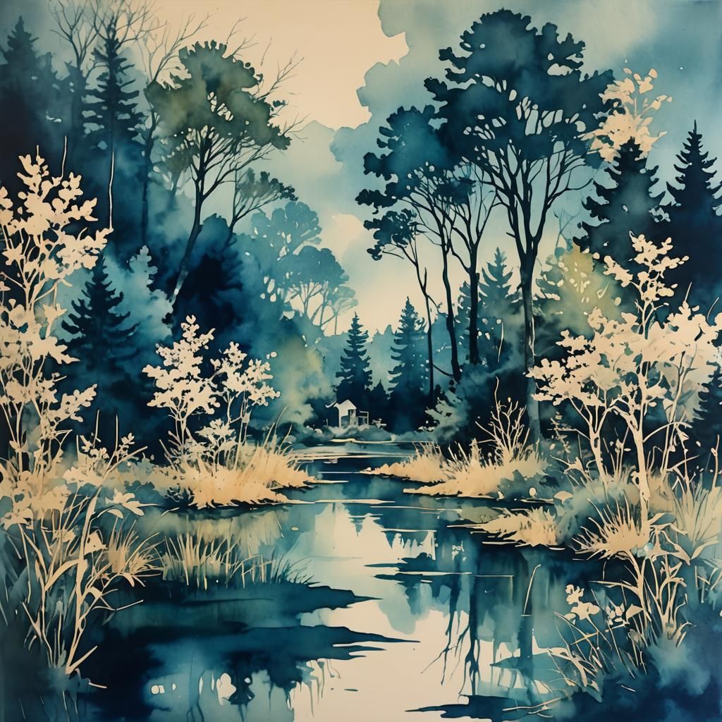 Picturesque Peaceful Place in Cyanotype and Alcohol Ink
