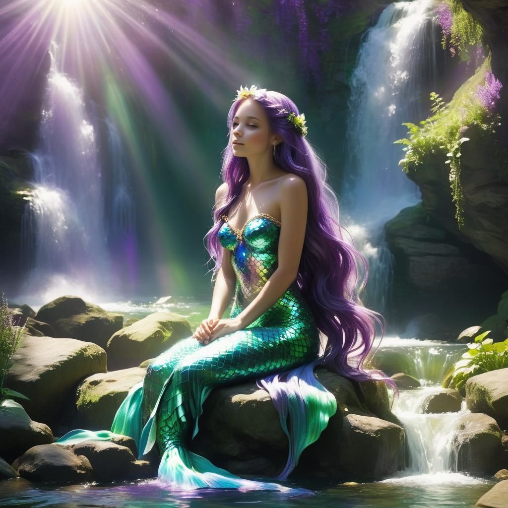 Mermaid at Waterfall in Magical Sunlight
