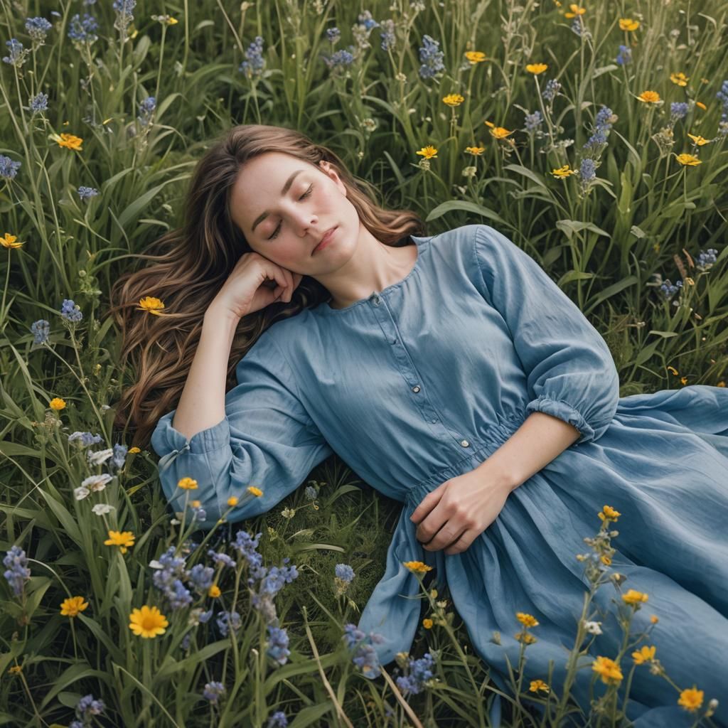 Woman in Blue Sleeping in a Meadow