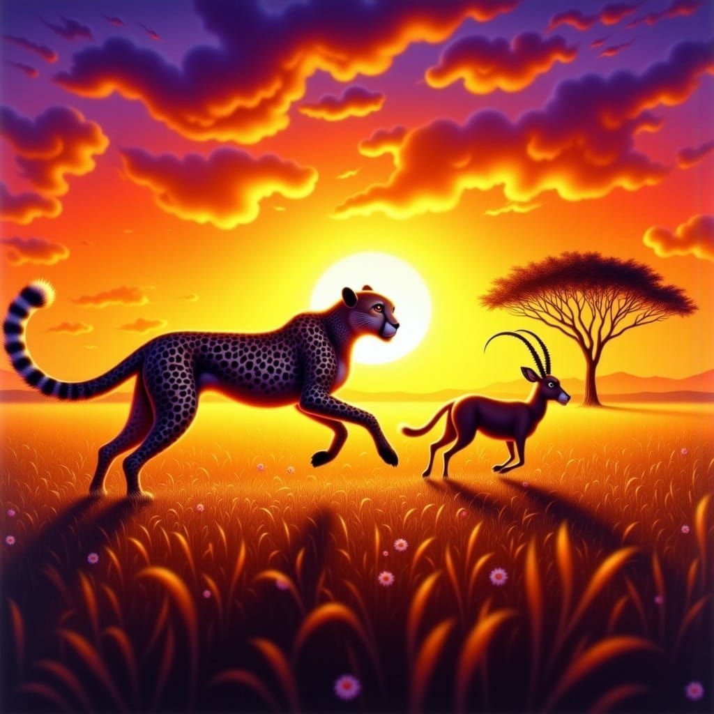 Cheetah Chasing Gazelle on Savannah at Sunset