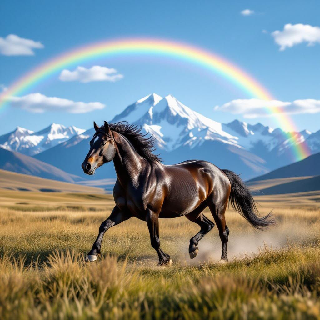 Majestic Black Horse Gallops Under Rainbow Halo in Cinematic...