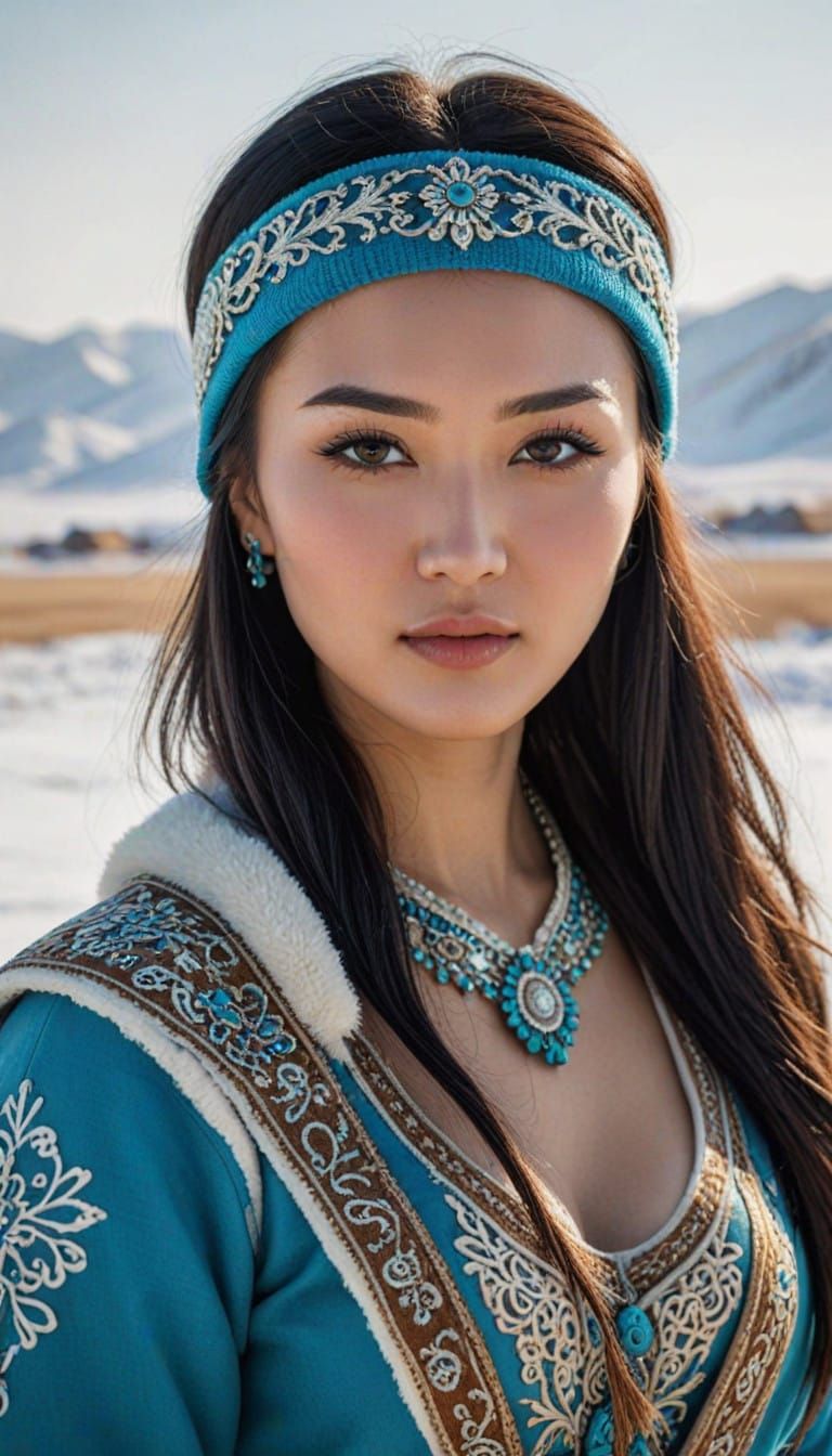 Eros image: Beautiful gorgeous Kazakh woman. Tight clothing, traditional attire. Perfect face. nice figure. Winter stepp...