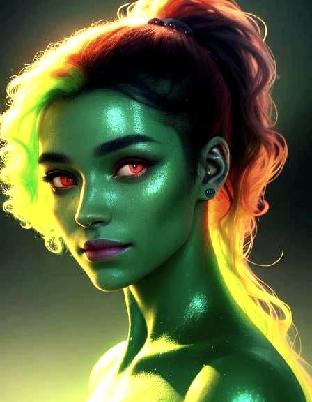Teen Girl with Green Skin and Red Eyes