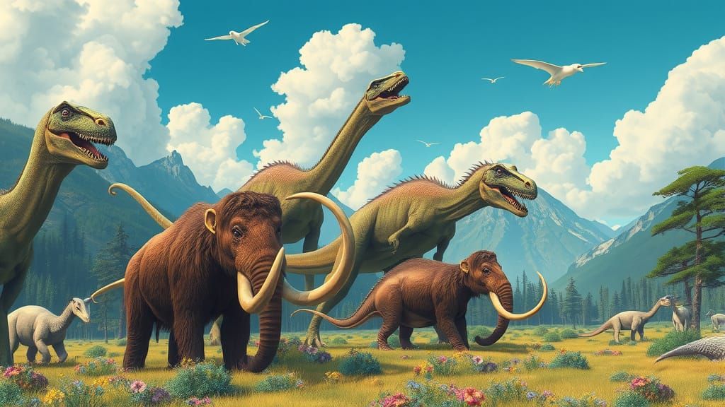 Prehistoric Landscape with Mammoths and Dinosaurs