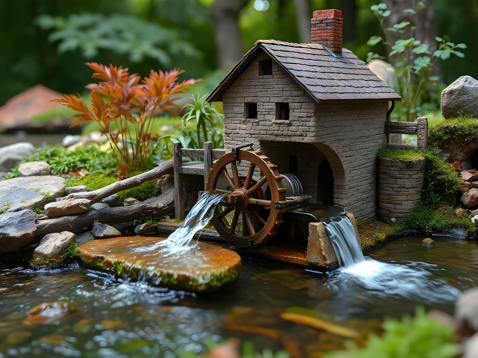 Miniature Water Wheel in Rustic Stone Mill Scene