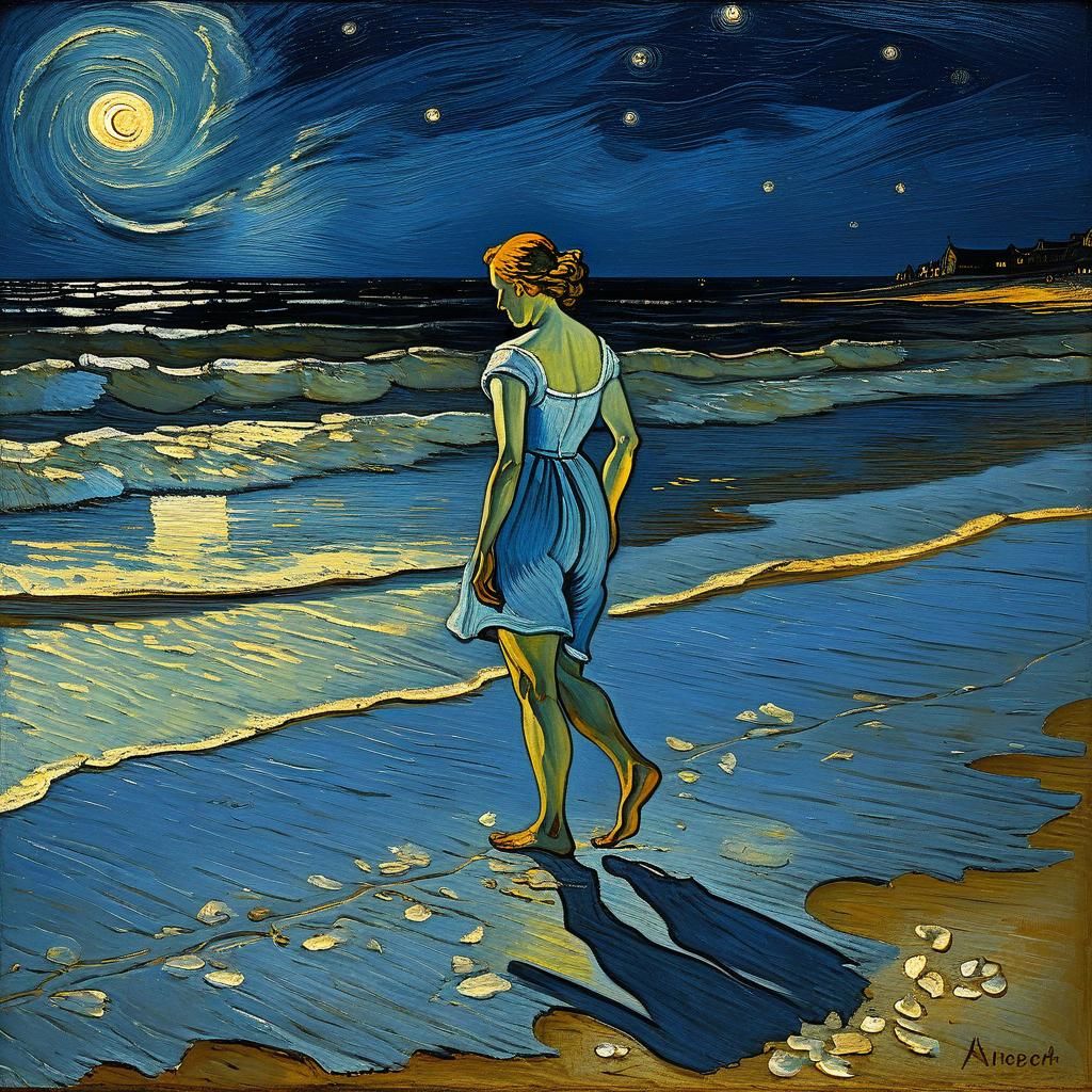 Woman on Moonlit Beach in Van Gogh Style
