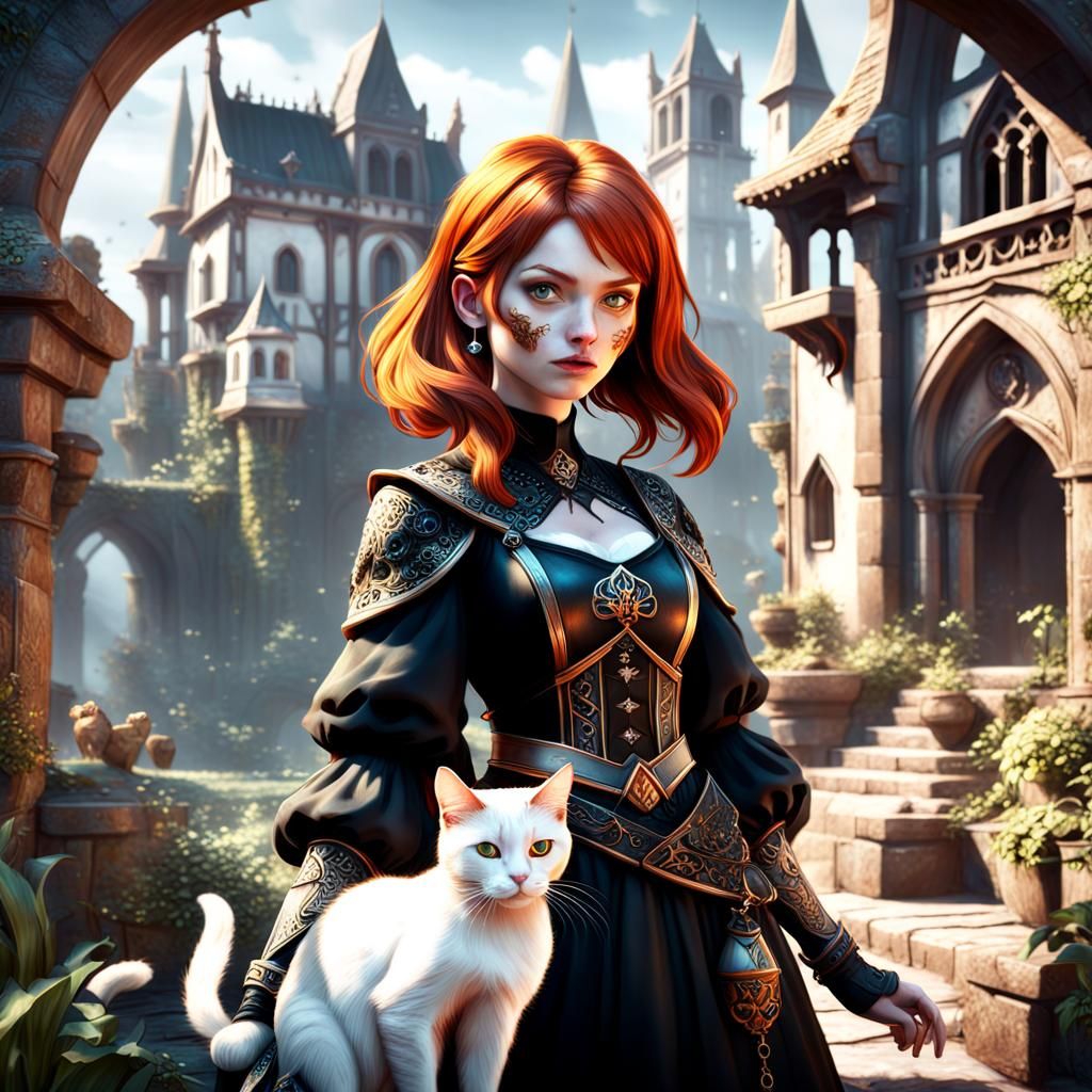 Ginger-Haired Girl with Cat: Detailed Matte Painting
