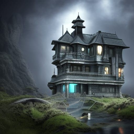 Surreal Sci-Fi House on Bridge in Ominous Fantasy