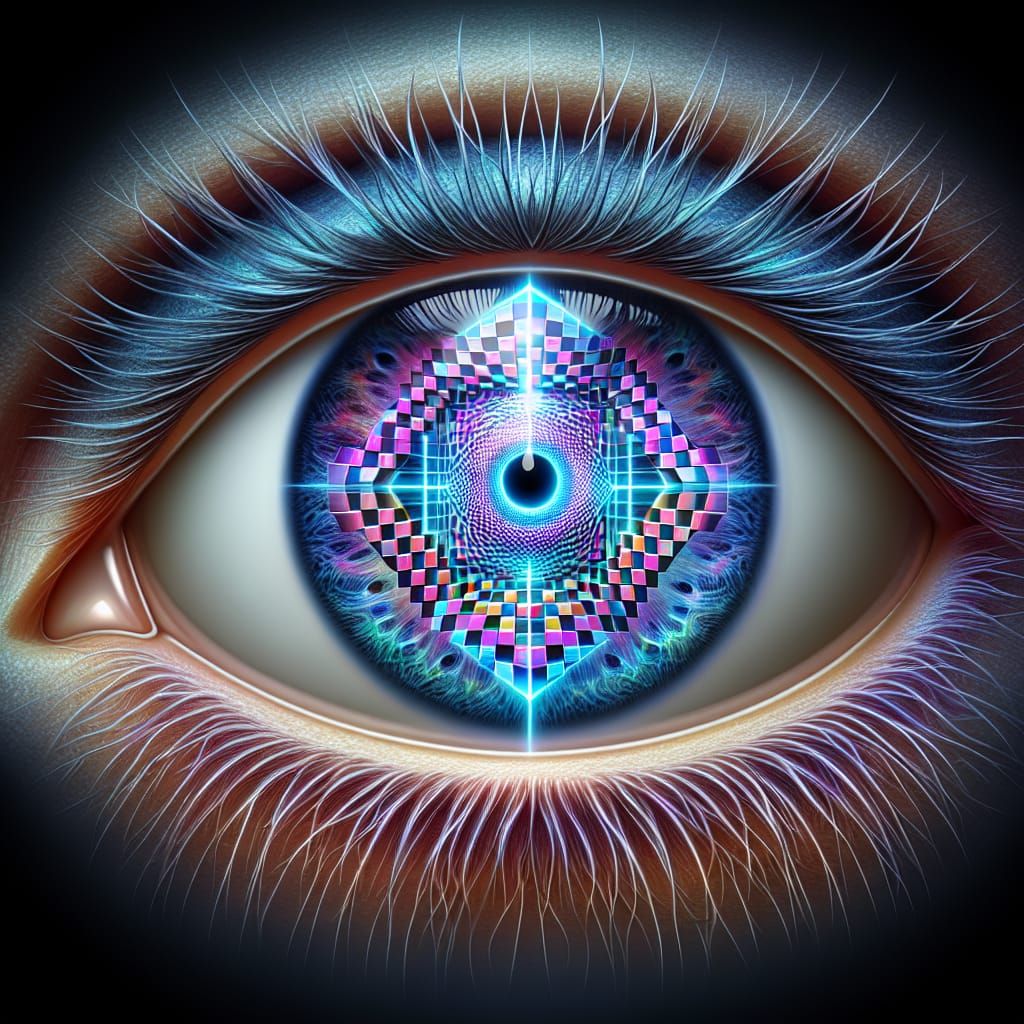 Holographic Eye Reflecting Pixelated Checkered Pattern
