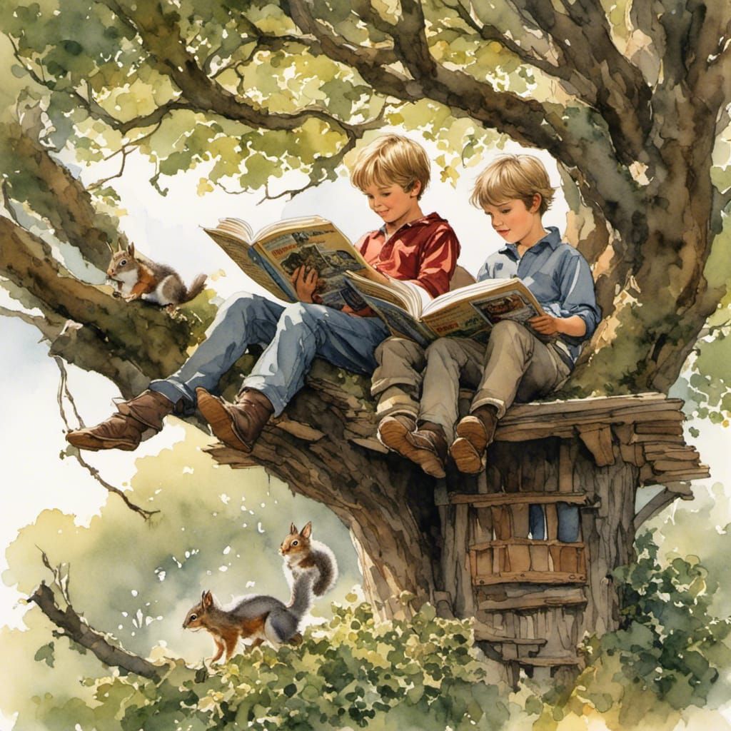 Twin boys reading comic books in a tree house
