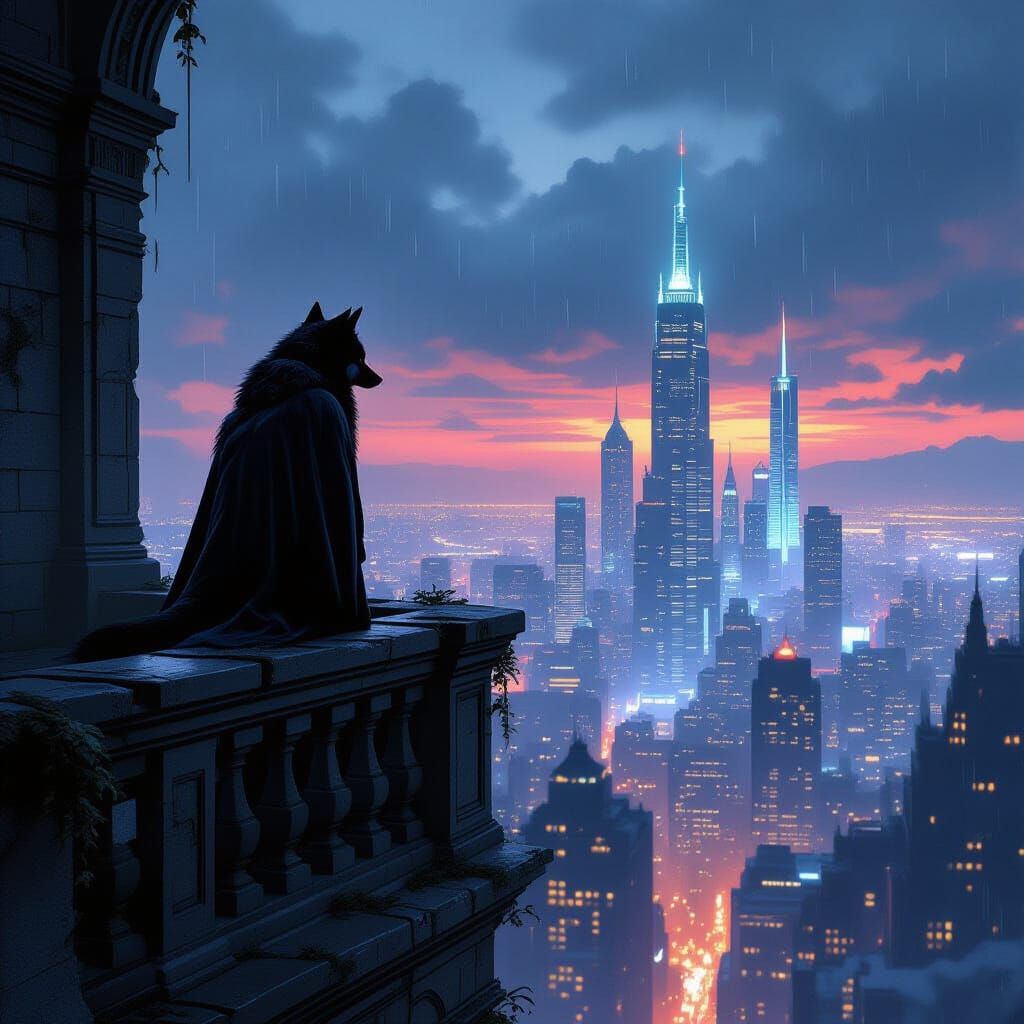 Lone Wolf Overlooks Neon Metropolis in Noir Concept Art