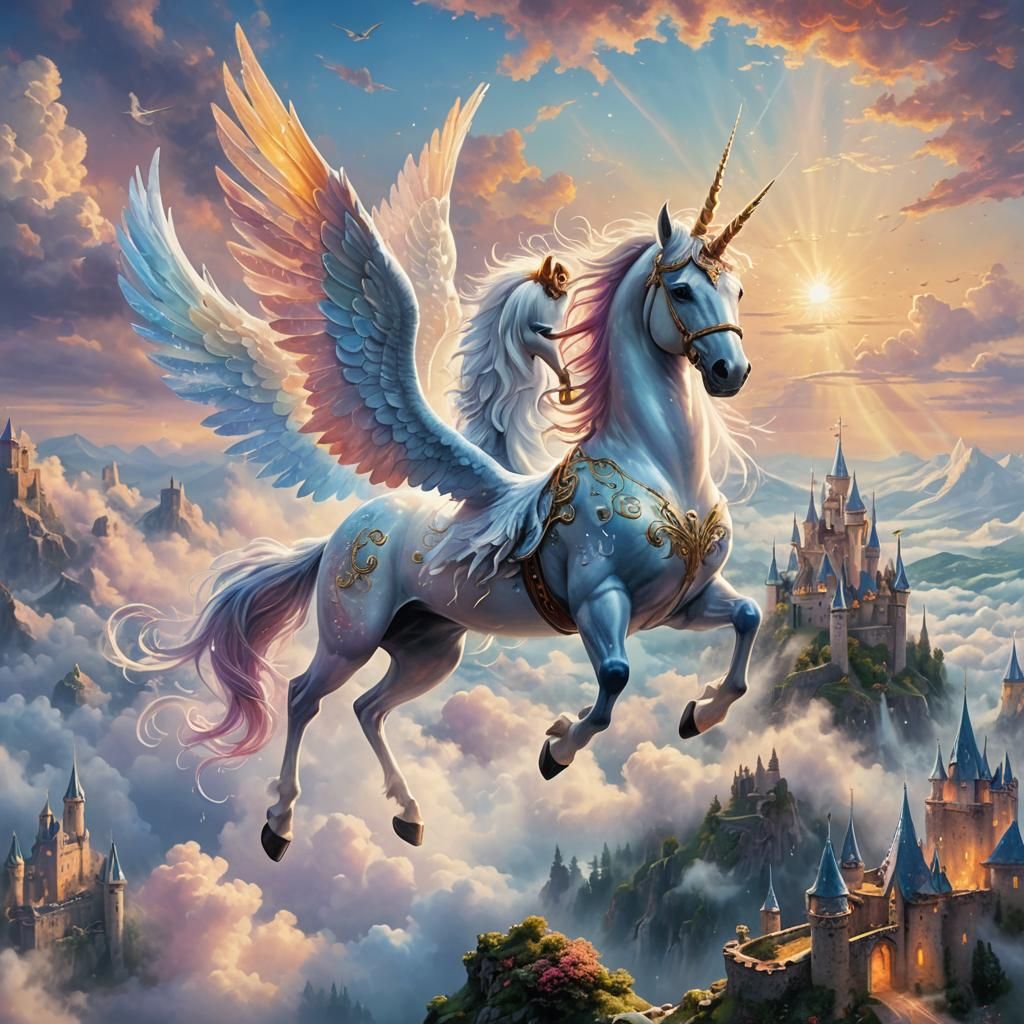 Winged Unicorn Flying Near Castle, Ethereal Fantasy