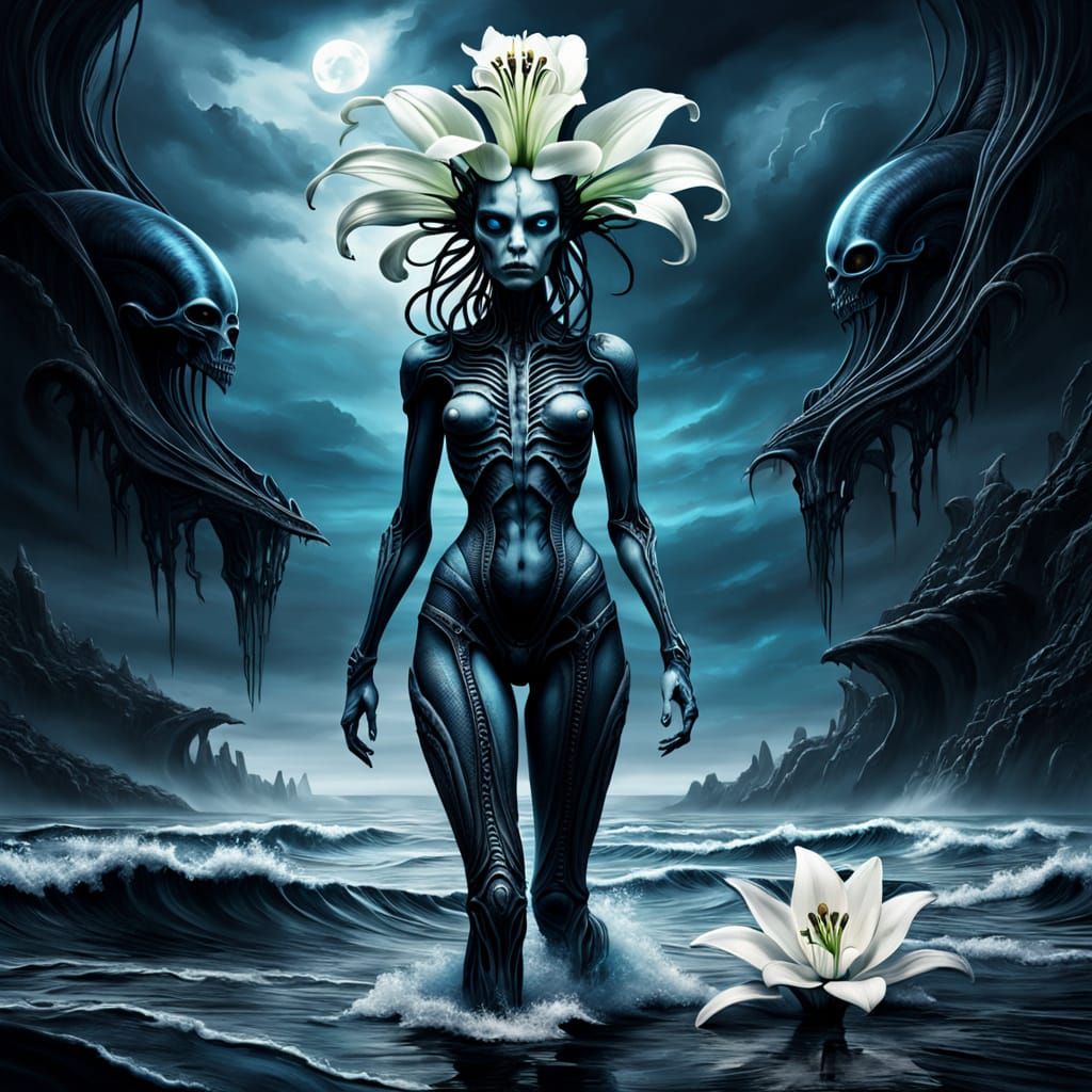 Alien Woman with Lily Brain in Giger Style