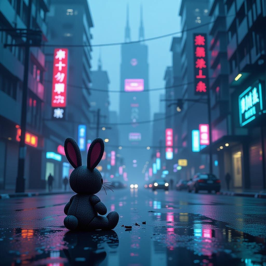 Abandoned Bunny Toy on Neon Dystopian Street