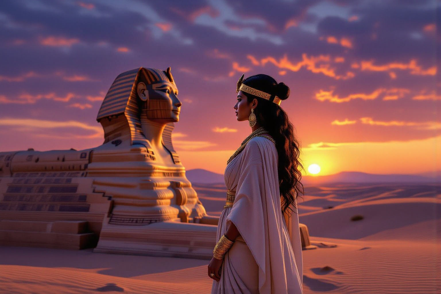 Egyptian Woman at Sunset Before the Sphinx