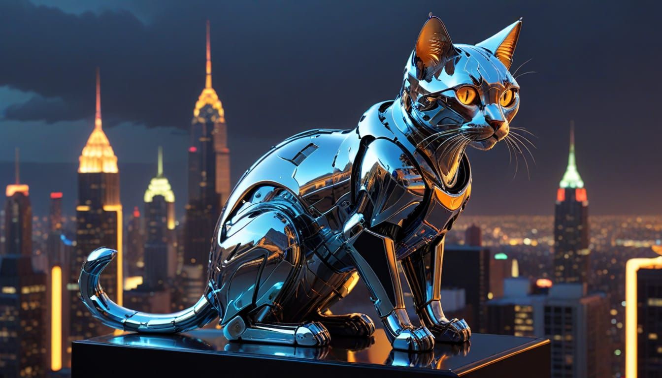 Chrome Robot Cat in Futuristic Metropolis