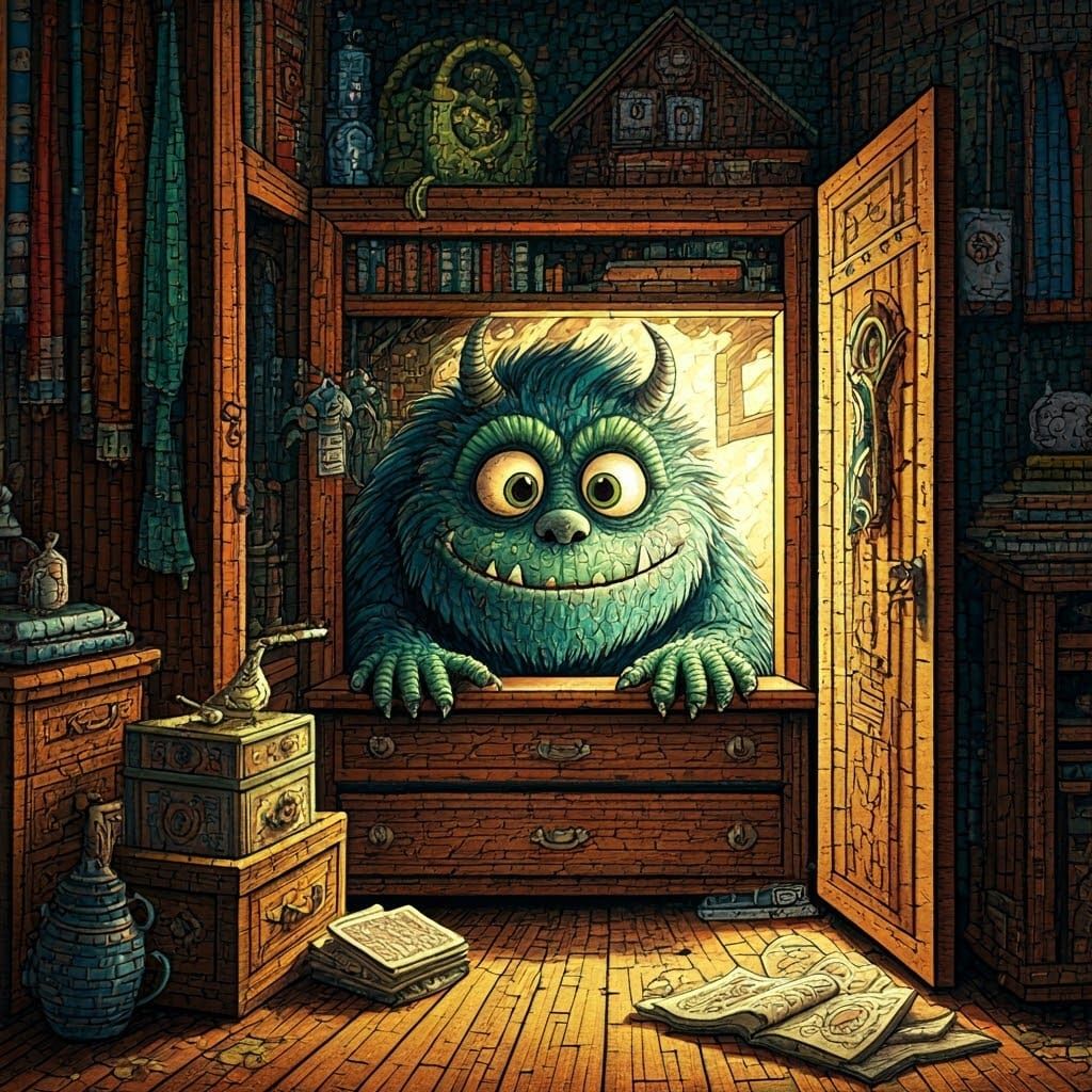 Traditional mosaic art. A friendly storybook monster peeks o...