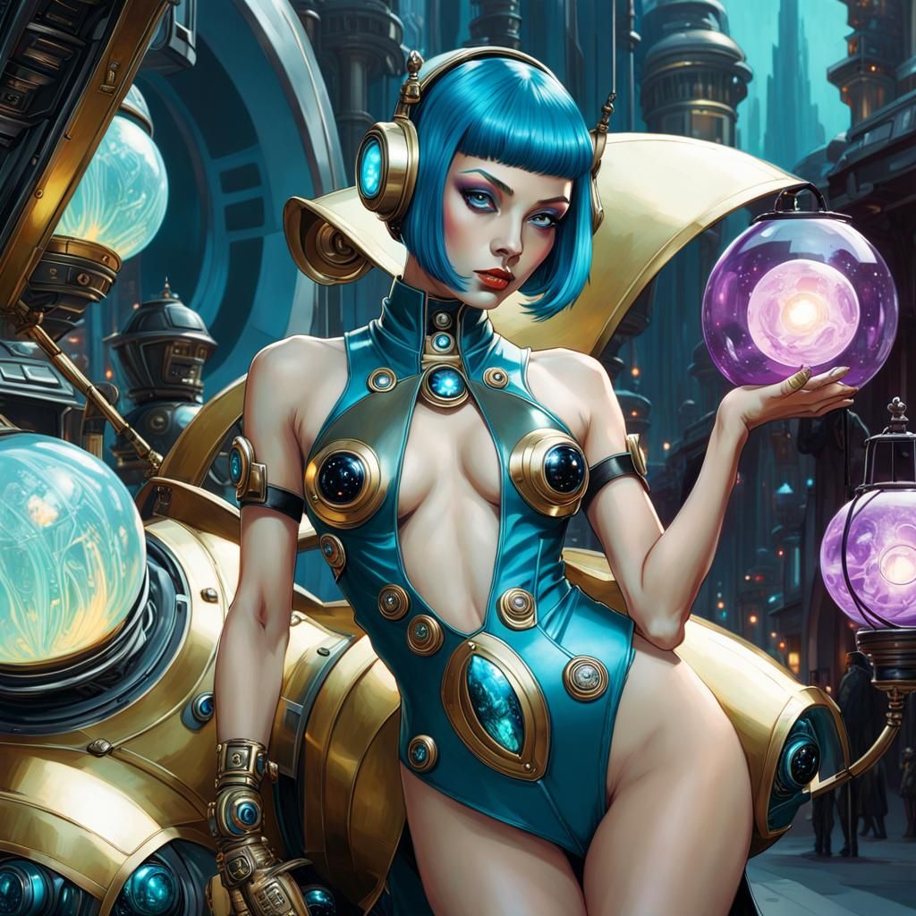 Blue Goblin Warlock in Futuristic Exosuit, Digital Art