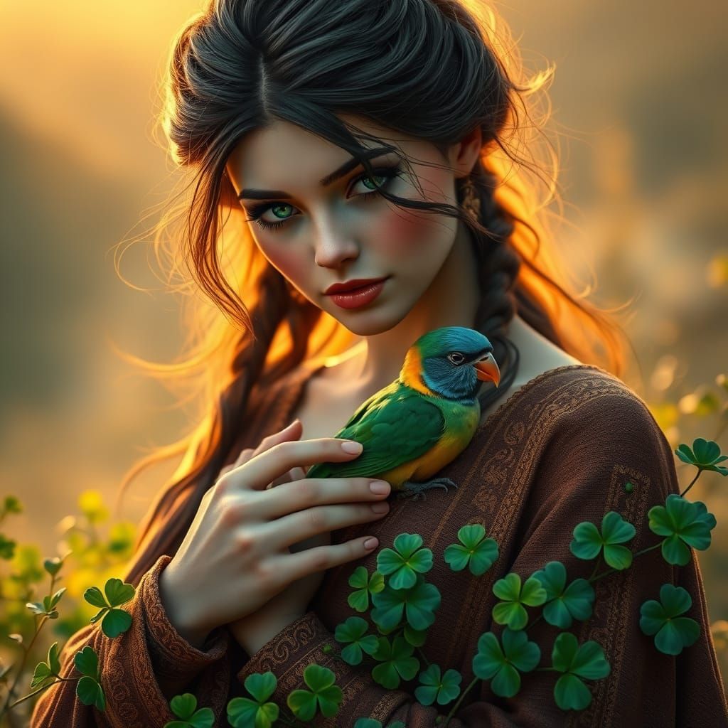 Majestic Irish Woman with Love Bird and Shamrocks in Whimsic...