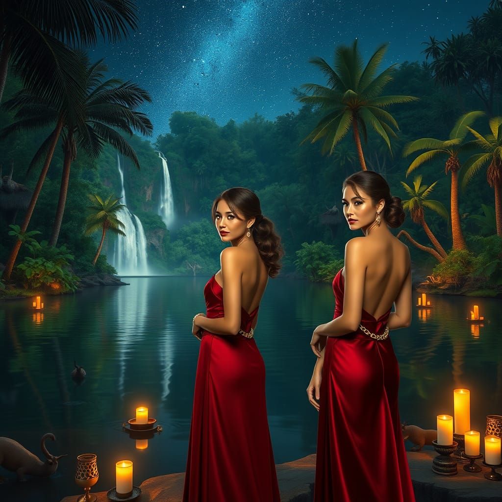 Romantic Tropical Night Scene with Candlelit Reflections