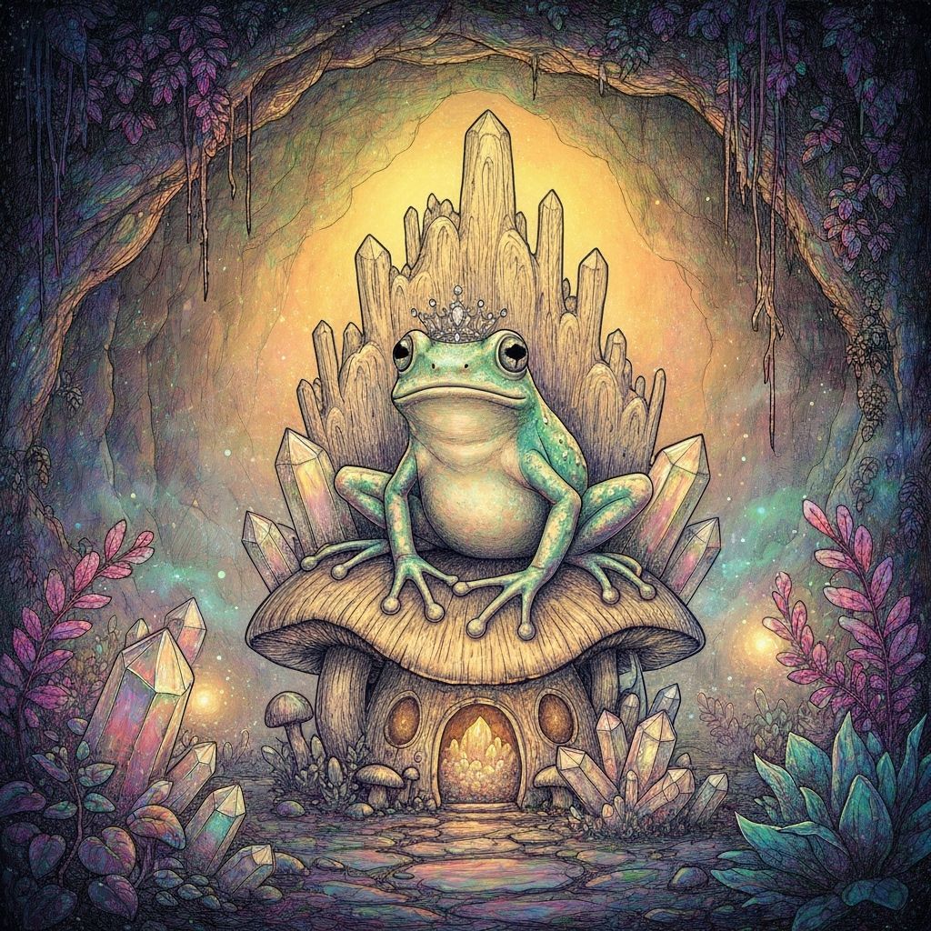 Bioluminescent Frog on Mushroom Throne in Mystical Grotto