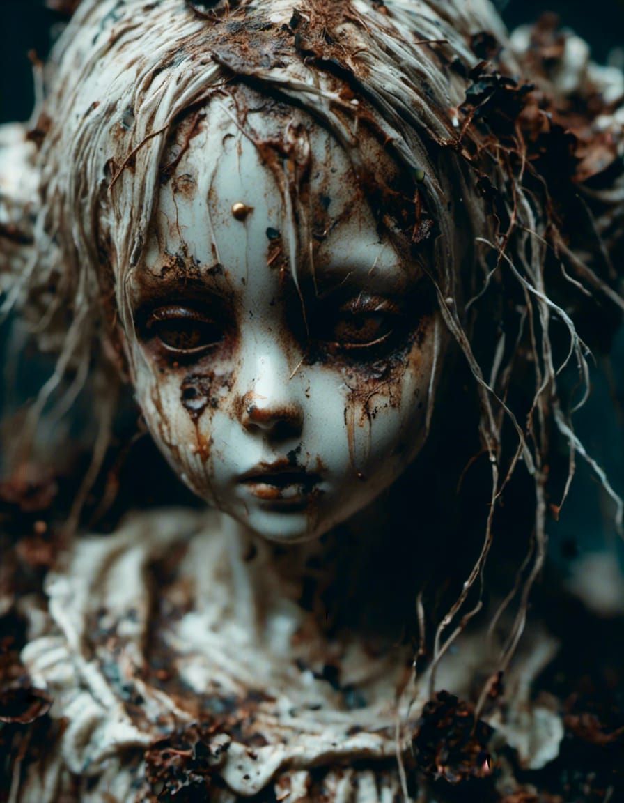 Intricate Ceramic Doll with Ink Splatter Effects
