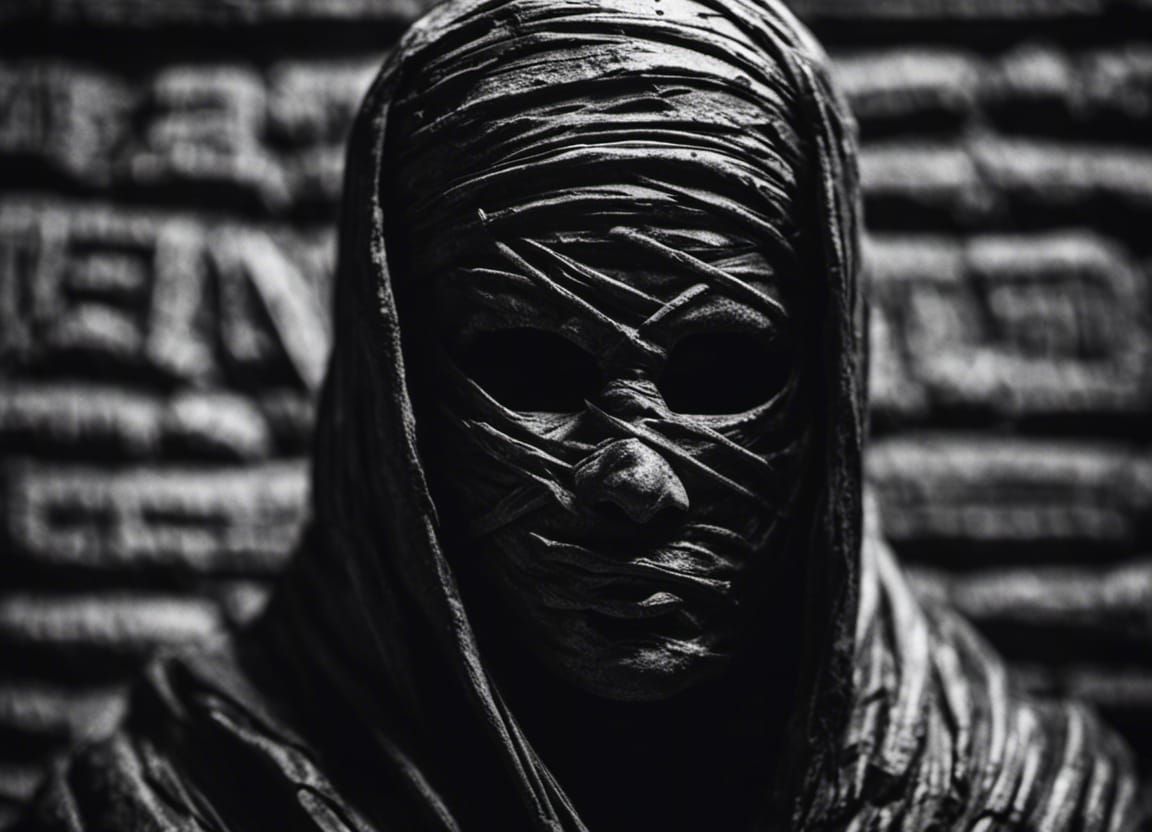Wrapped Mummy in Black and White Photo