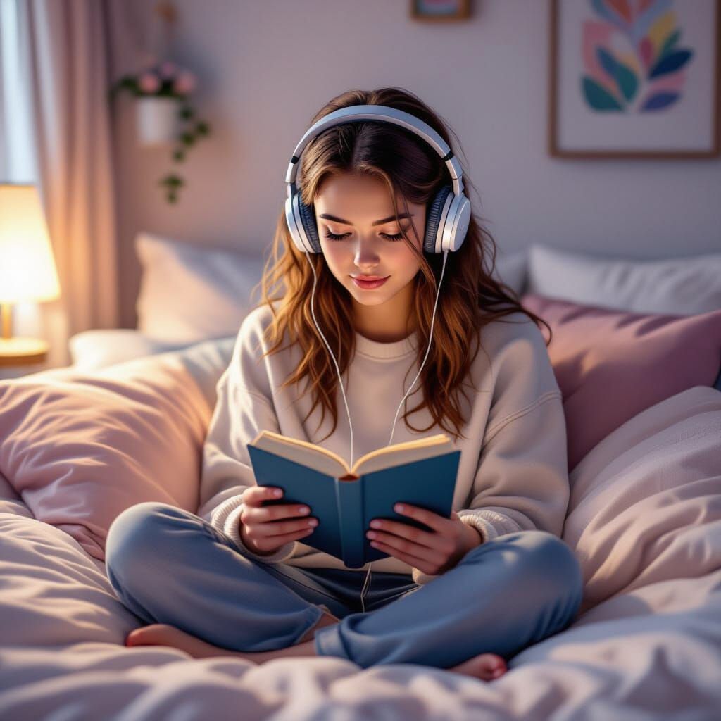 Teenage Girl Reads Book, Listens to Music in Cozy Bedroom