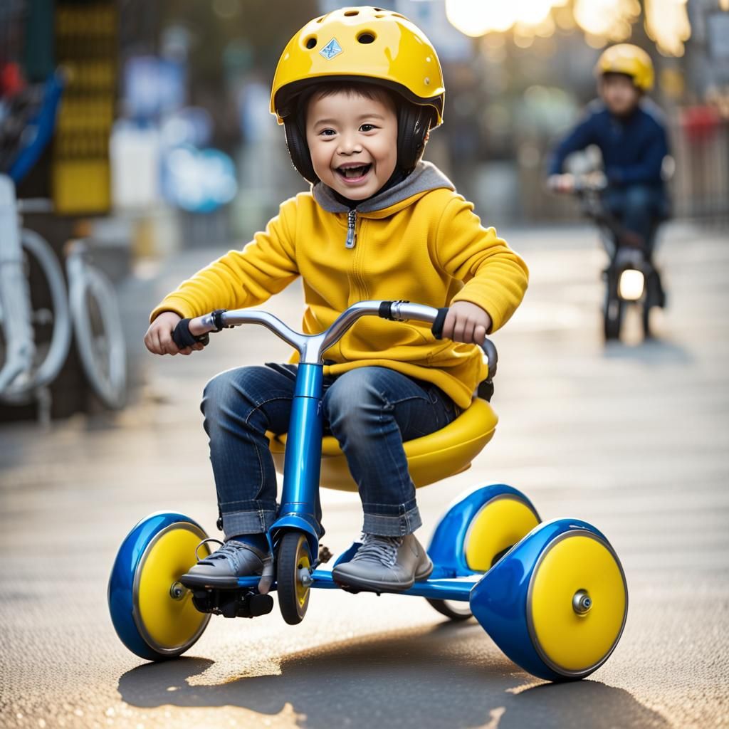 Toddler on Hoverpad Tricycle, Futuristic Realism