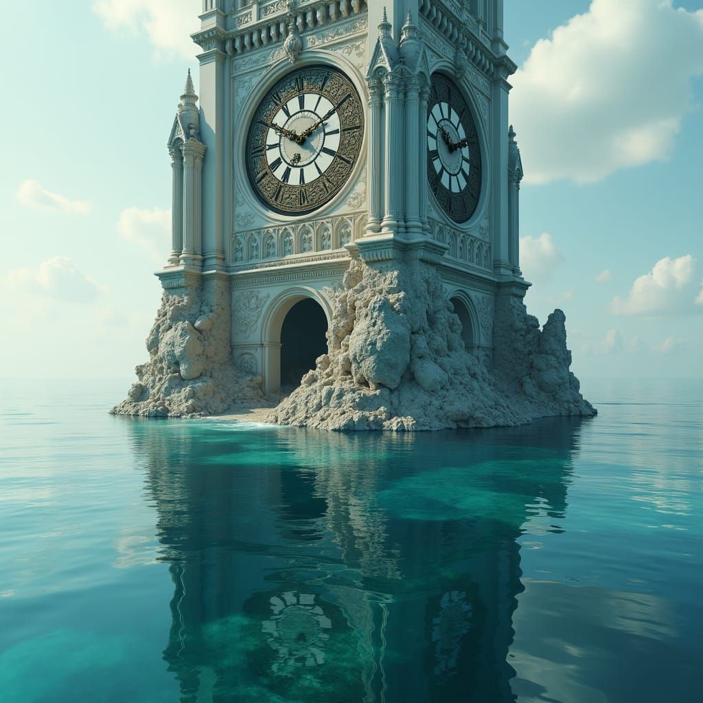 Floating Clock Tower Above Sea: Gothic Cinematic Art