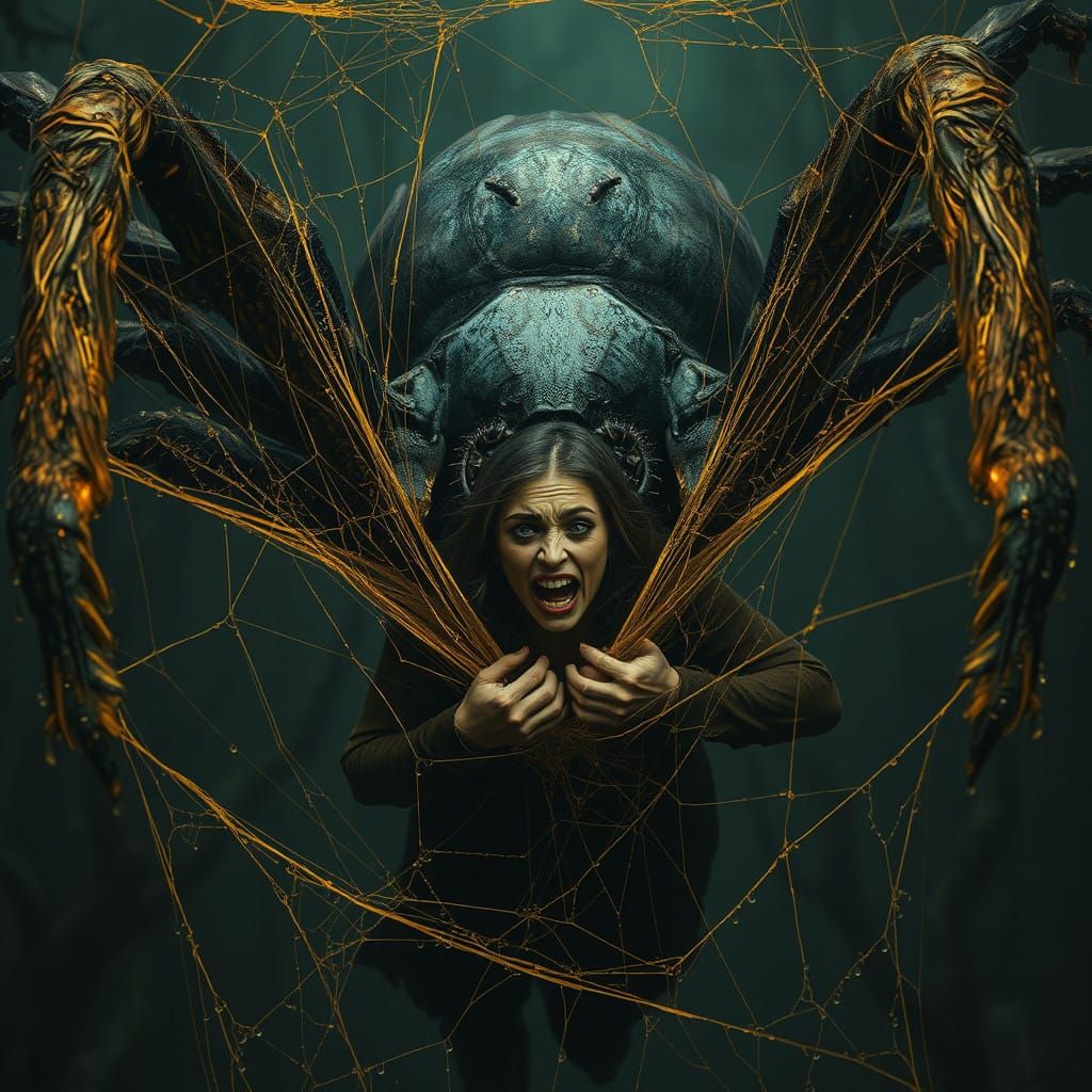 Grotesque Spider Overpowers Terrified Woman in Dark, Mystica...