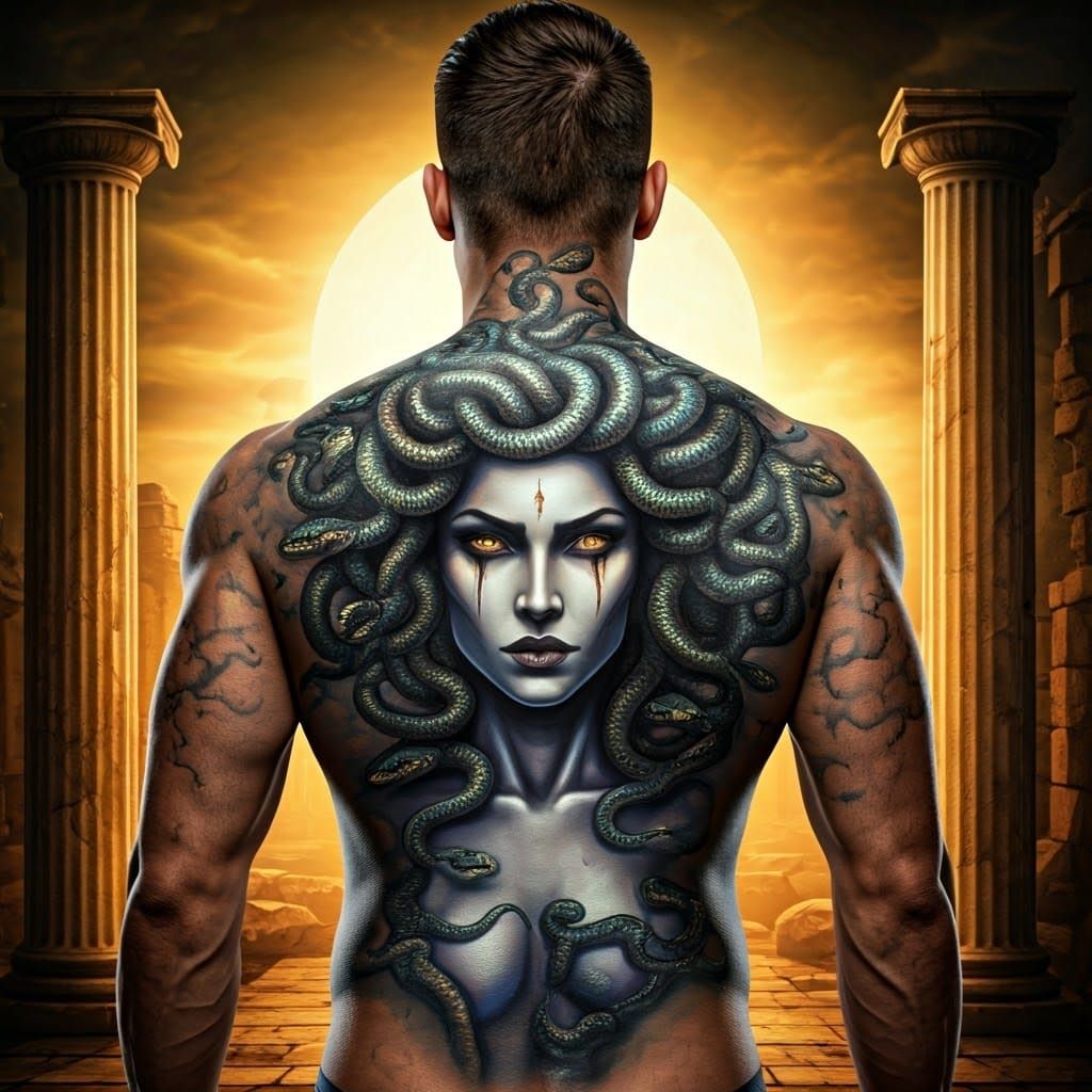 Medusa Body Art on Muscular Model