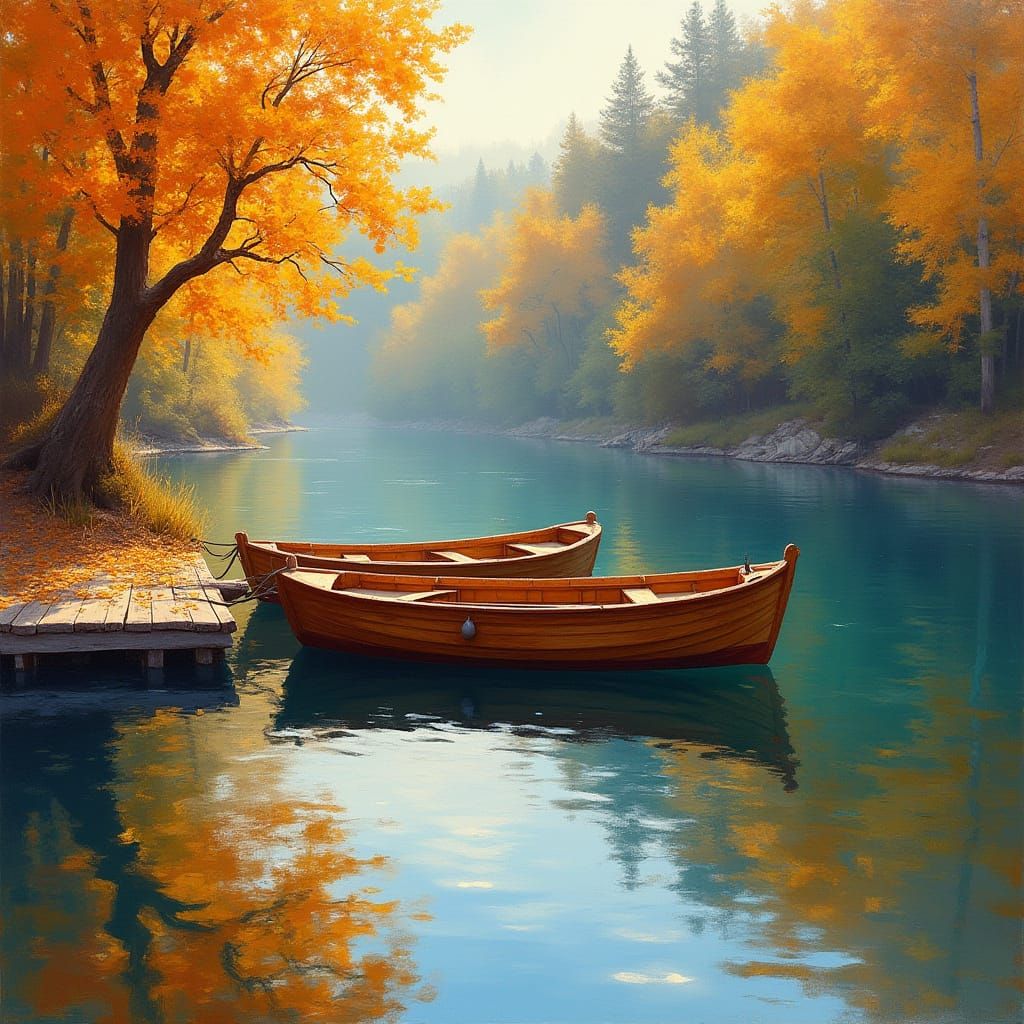 Warm Autumn Boat Station in Oil Painting Style