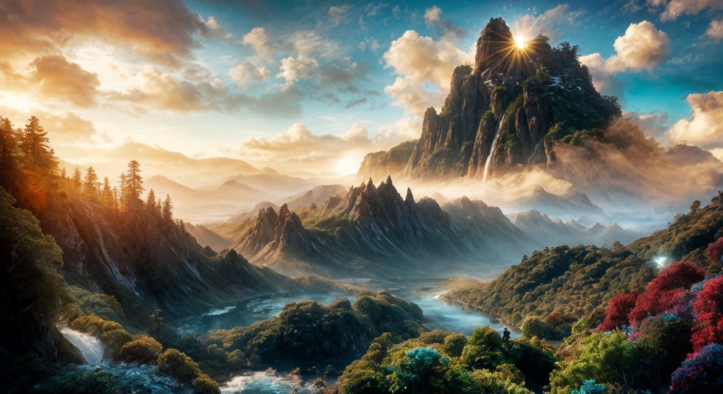 Explorer Gazes at Cloud Waterfall, Whimsical Serene Mood