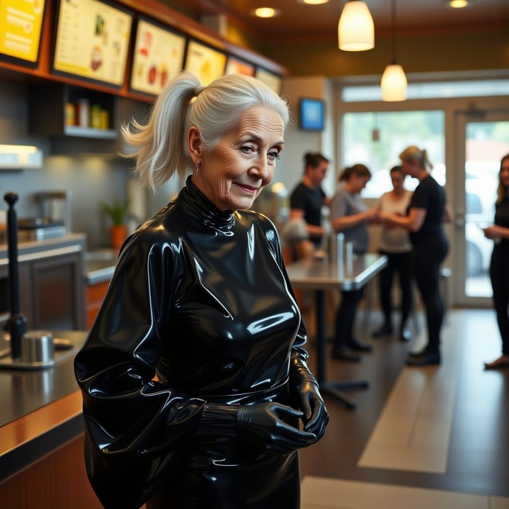 Elderly Woman in Glossy Black Kimono at Fast Food Restaurant
