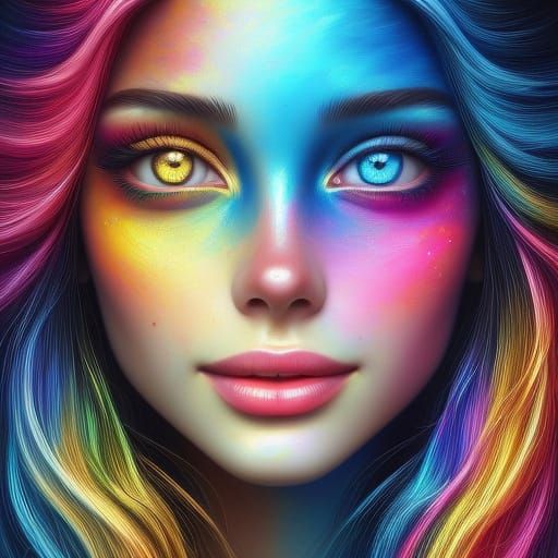 Young Woman with Vibrant Heterochromia in Triadic Oil Painti...