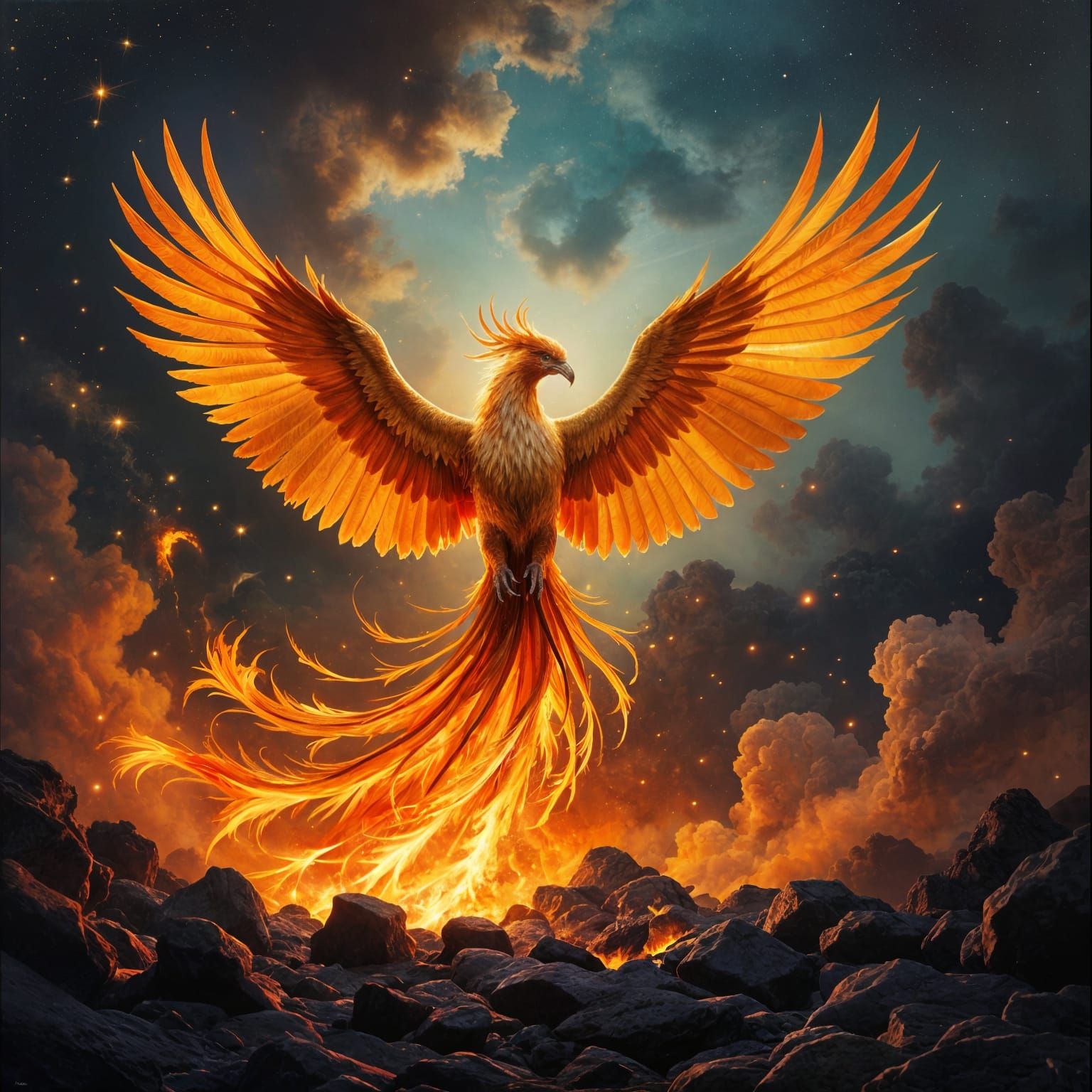 Majestic Phoenix Rises From Ashes in Fiery Nebula