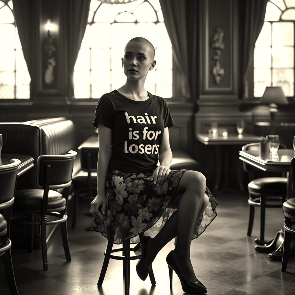 Bald Woman in Chic Bar: Fine Art Photography