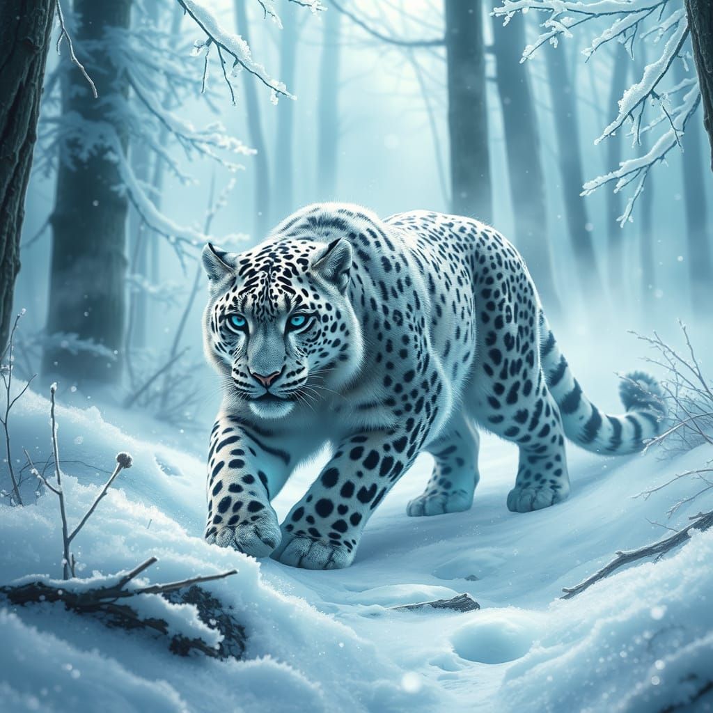 Turquoise Snow Leopard in Mystical Winter Forest