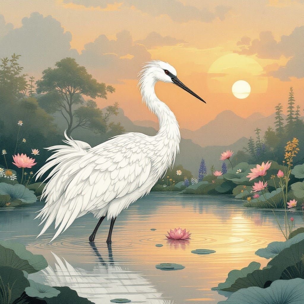 Japanese Crane in Watercolor with Sunset Reflection
