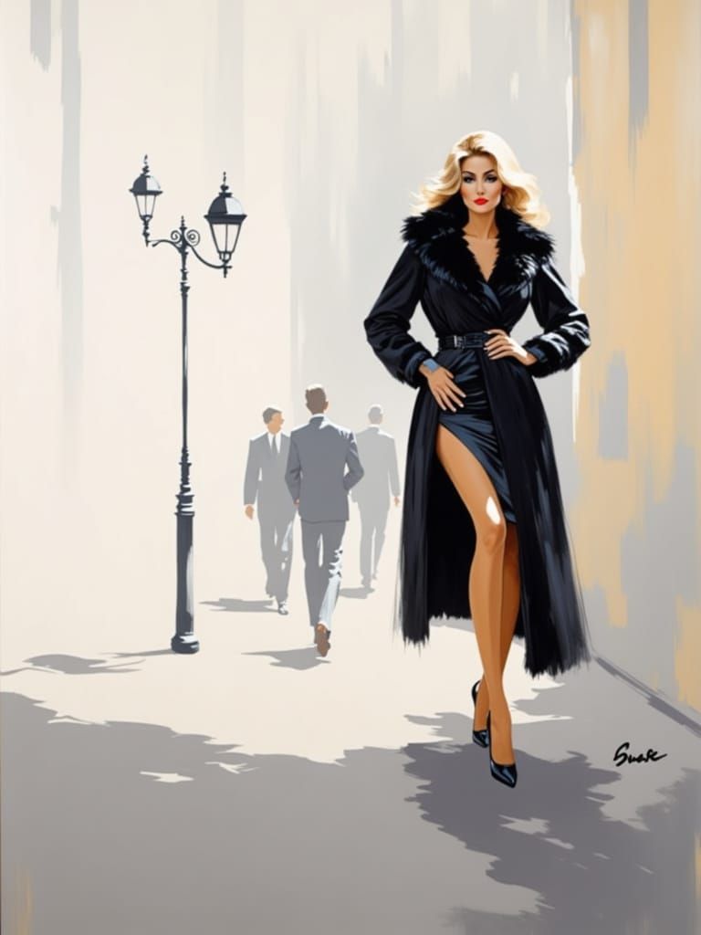 Elegant Woman in Foggy City Street Oil Painting