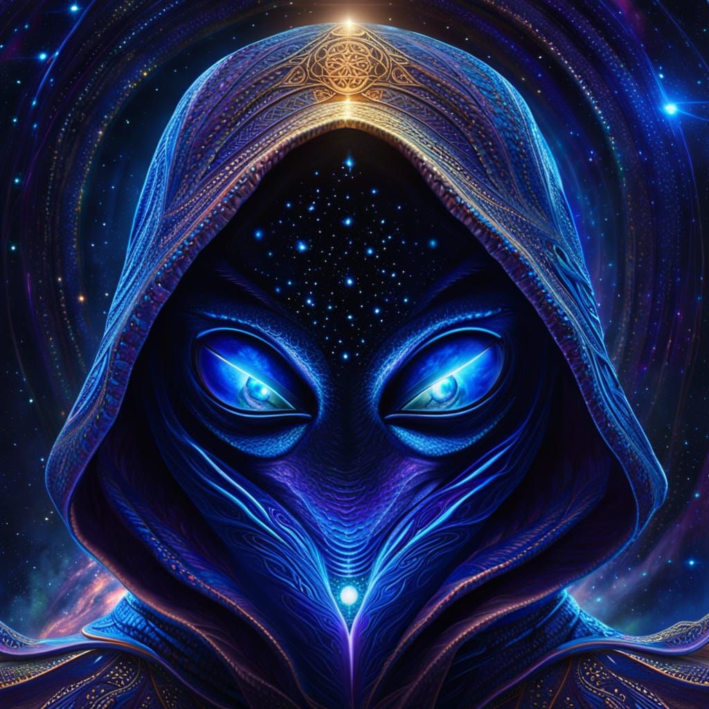 Hooded Alien in Endless Void with Nebula Cloak