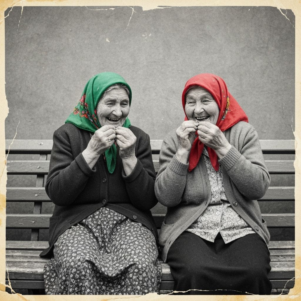 Elderly Women Share Sunflower Seeds: Black and White Photo
