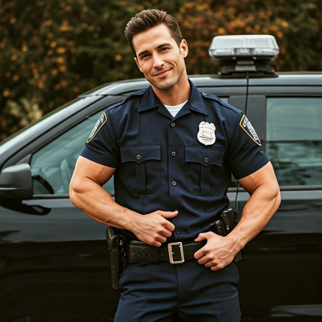 Handsome Policeman Leaning on Patrol Car, Digital Art